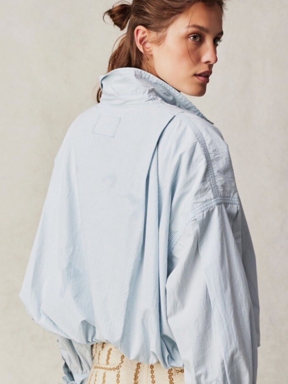FREE PEOPLE- Light Blue Striped Bubble-Hem Button Top - Picture 7 of 12